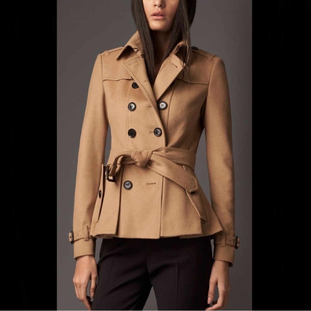Burberry London Size US 8 Littleton Wool Cashmere Peplum Short Trench, Camel
